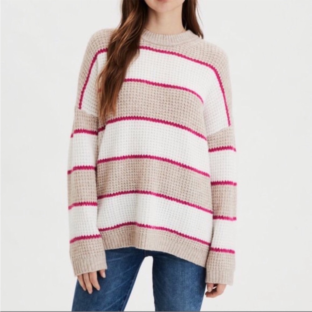 American Eagle Tan White Rugby Stripe Oversized Knit Pullover Sweater Large